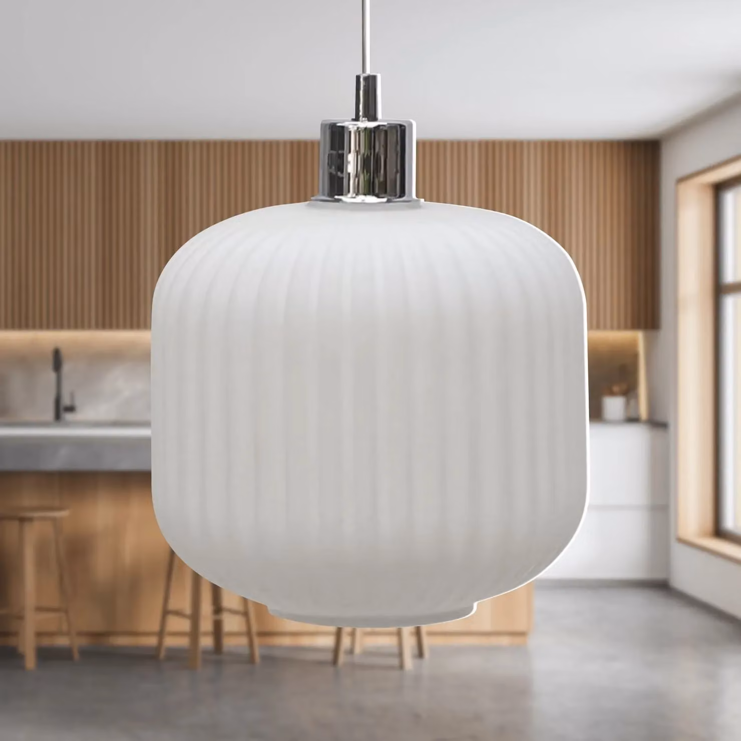 First Choice Lighting Bento White Ribbed Glass Pendant Light with Chrome Fitting – 2