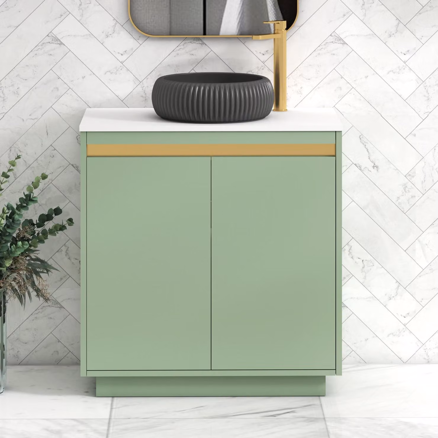 Royal Bathrooms Orion 800mm Mint Sage Floor Standing 2 Door Vanity Unit with Milan Black Basin and Brushed Brass Accent Trim