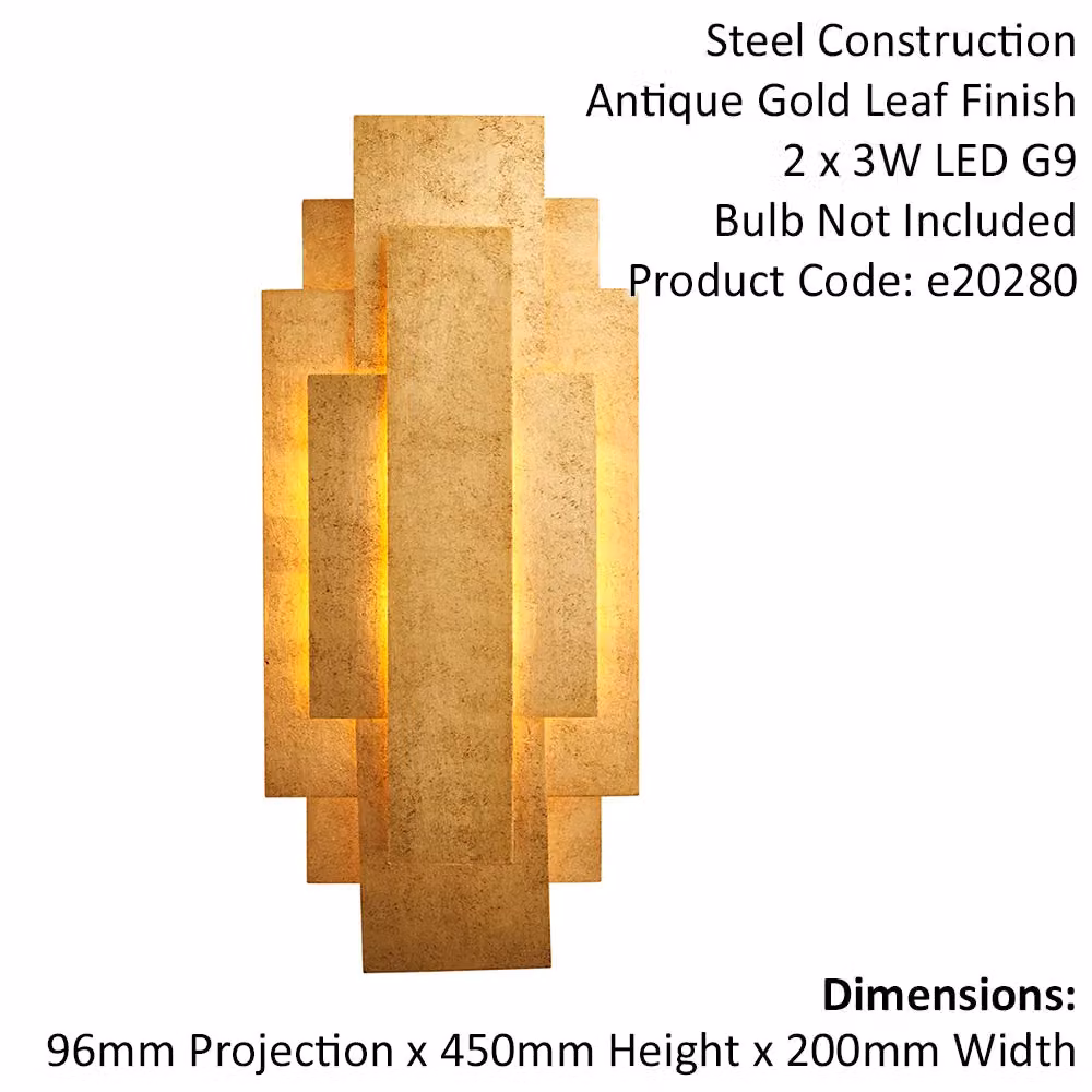 Loops Antique Gold Leaf Panel Wall Light Fitting - Twin G9 LED Decorative Sconce – 2