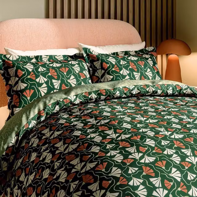 Scion Fan Floral Cotton Duvet Cover and Pillowcase Set, Green, W: 180 cm, H: 200 cm – 1