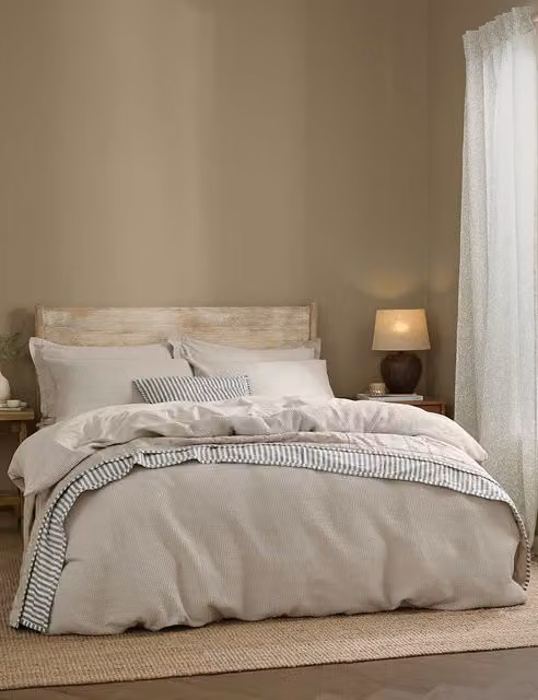 YARD Hebden Waffle Bedding Set in Stone Cotton Percale, W: 180 cm, L: 200 cm