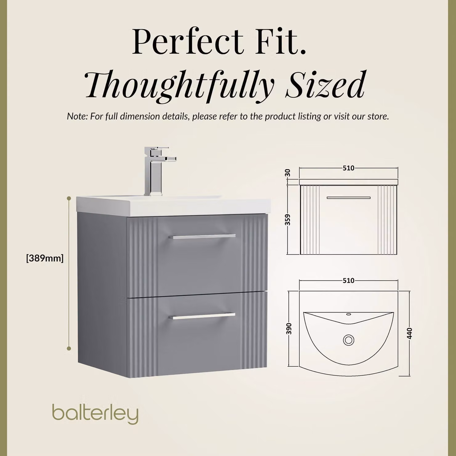 Balterley Wall Hung 2 Drawer Vanity Unit with Thin-Edge Vitreous China Basin, Satin Grey, 500mm – 3