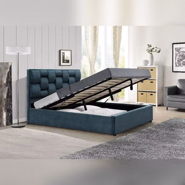 Comfy Living Ltd Plush Velvet Upholstered Gaslift Storage Bedframe in Blue, Size: Double (W/D/H: 140 x 200 x 110 cm)