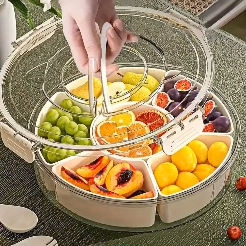 PAWNORA Rotating Round Fruit and Snack Tray with Transparent Lid in Beige – 4
