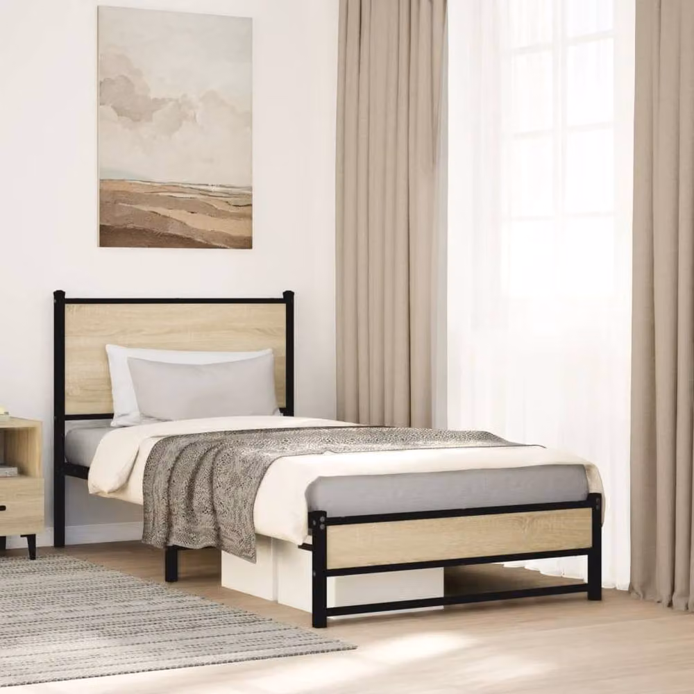 Berkfield Home Metal and Wood Single Bed Frame in Sonoma Oak and Black, W/D/H: 90 x 190 cm – 2