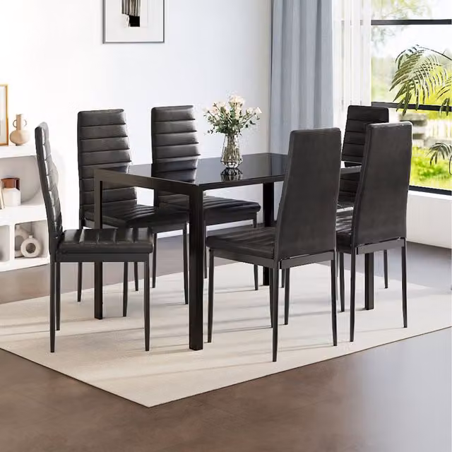 Komore Black Tempered Glass and Metal Rectangular Dining Table with 6 PU Leather Chairs Set