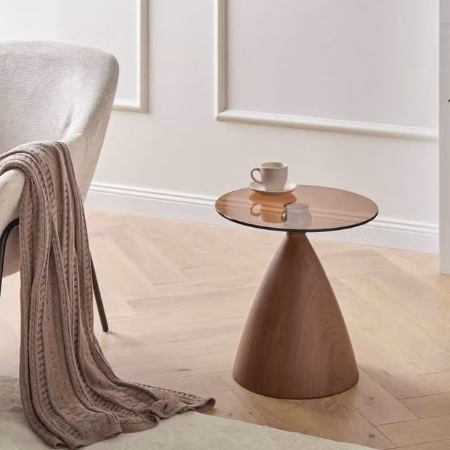 Wyld and Coco Glamour Small Side Table with Transparent Glass Top and Brown Metal Cone Base – 1