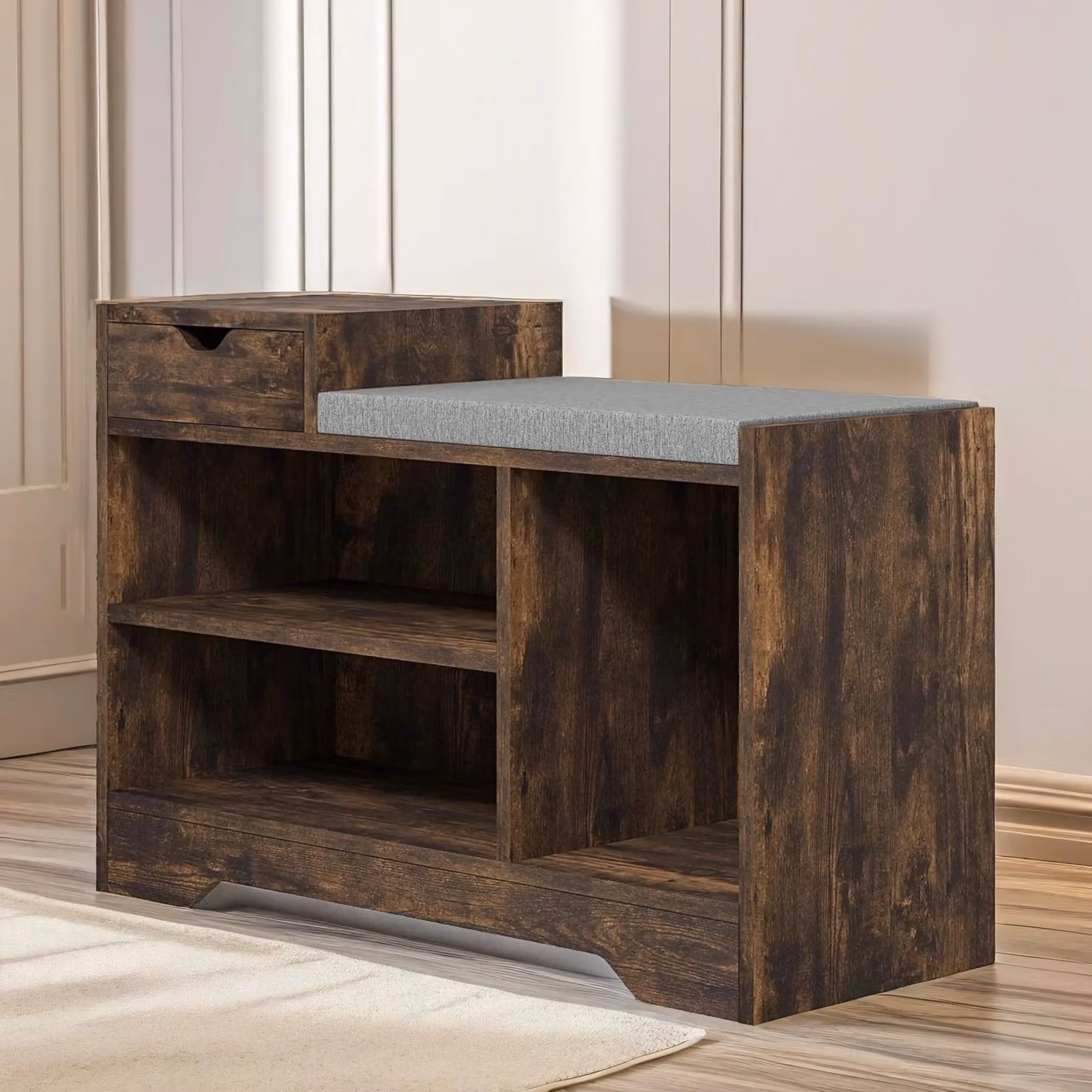 Pirlo Plush Industrial Shoe Storage Bench in Brown with 3 Open Shelves, W/D/H: 135 x 30 x 52 cm – 2