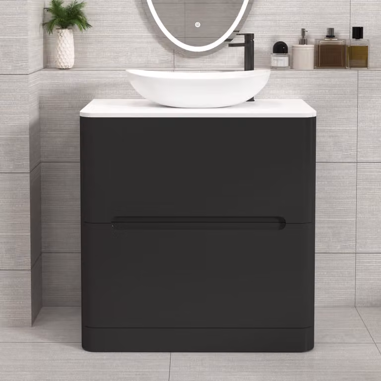 Royal Bathrooms Venice 800mm Matt Nocturne Black Floor Standing 2 Drawer Vanity Unit with Plain White Worktop and Cesar Basin