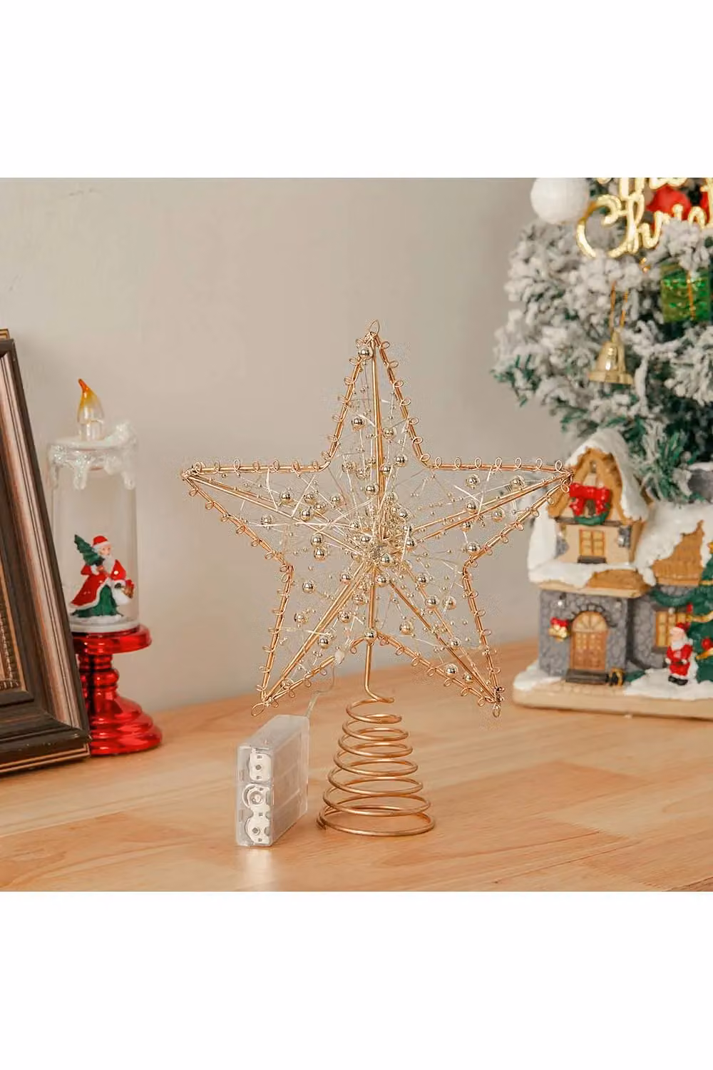 Living and Home Modern Metal Pre-Lit Gold Star Christmas Tree Topper with Beads – 3