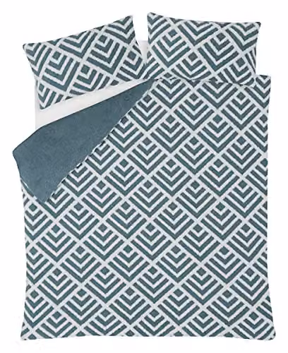 Sleepdown Geo Jacquard Fleece Thermal Duvet Cover and Pillowcase Set, Petrol and White, W: 220 cm, D: 230 cm – 2