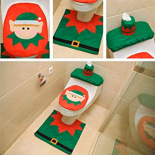 Shatchi Christmas Elf 3-Piece Bathroom Set with Toilet Lid Cover, Tank Cover and Non-Slip Bath Mat in Green and White – 1