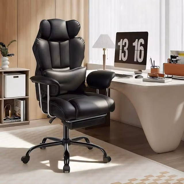 NESTLUNE Black Heavy Duty Executive High Back Office Chair with Headrest and Synthetic Leather Finish – 1
