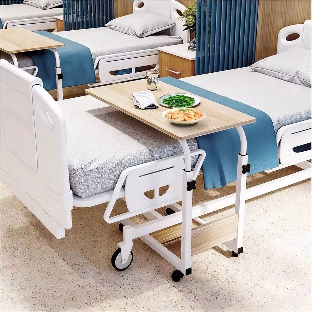 NESTLUNE Brown and Beige Adjustable Height Overbed Chair Dining Tray Table with Castors – 3