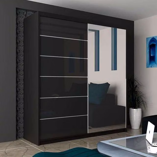 Sliding Wardrobes 4U High Gloss Double Sliding Wardrobe with Integrated LED Light in Black, W: 200 cm, H: 217 cm, D: 62 cm