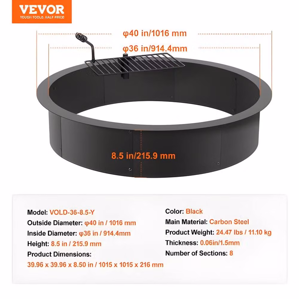 VEVOR Carbon Steel Fire Pit Ring with High-Temperature Coating in Black – 7