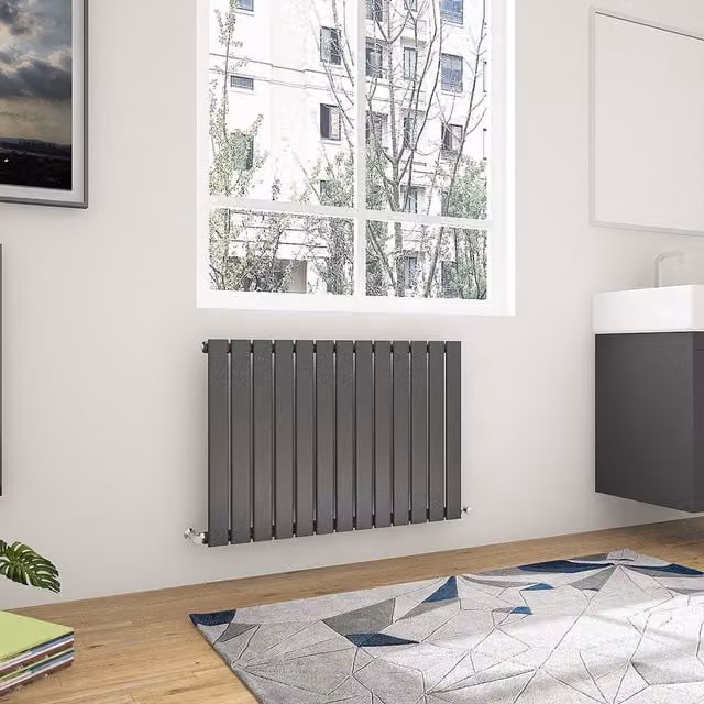 AicaBathroom Horizontal Flat Panel Single Steel Radiator in Anthracite Grey, W: 88.4 cm, H: 60 cm