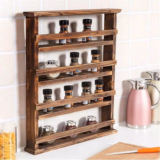 SPETLEK 4 Tier Rustic Brown Wood Wall Hanging Spice Rack and Kitchen Storage Shelf