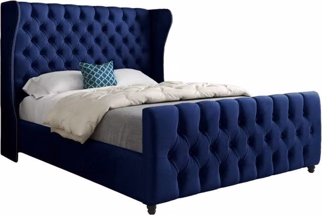 Casani Chesterfield Upholstered Velvet Bed Frame in Blue, Small Single – 1