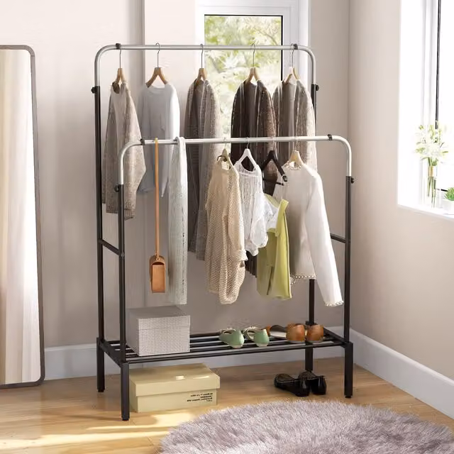 Costway Metal Clothes Hanging Garment Rack with 2 Rods in Matt Black