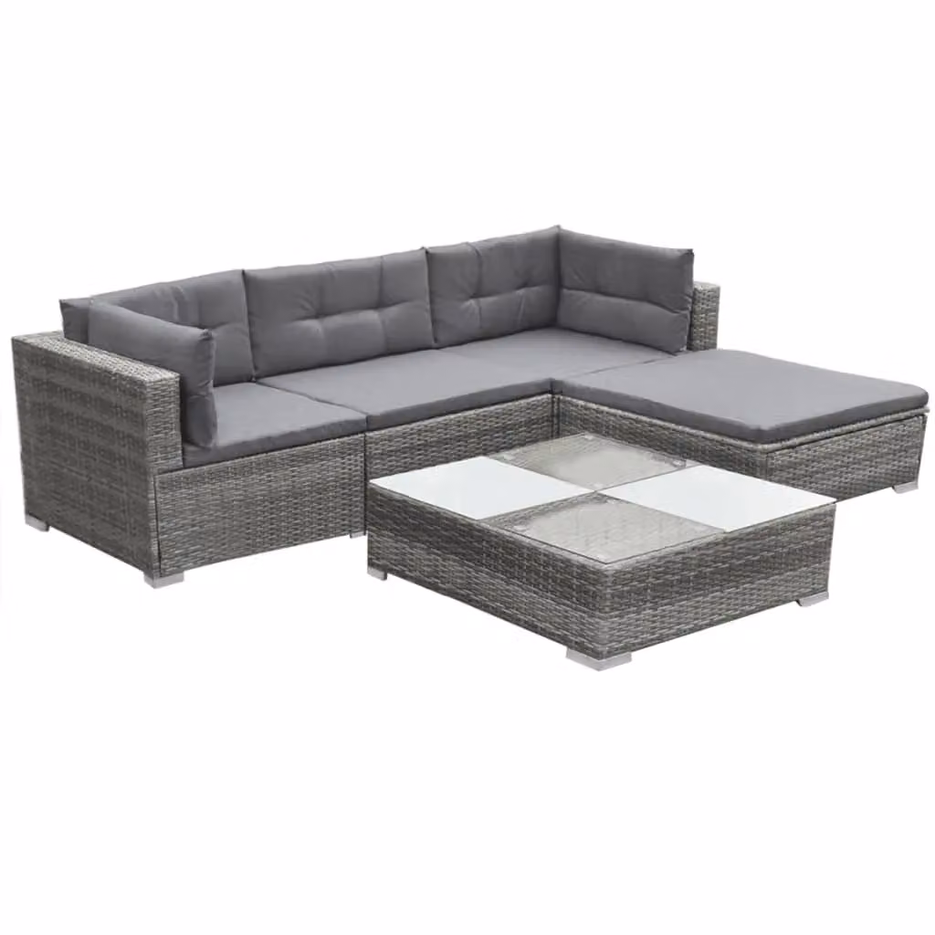 Berkfield Home 5 Piece Grey Poly Rattan Garden Lounge Set with Cushions, Ottoman and Coffee Table – 2