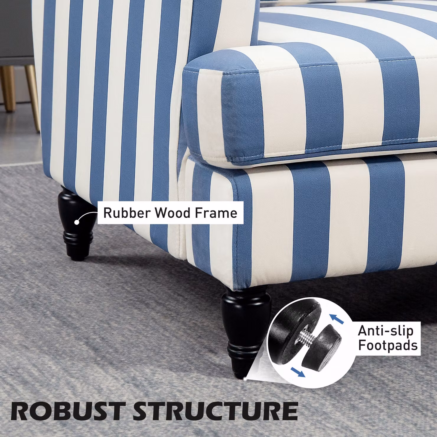 HOMCOM Modern Velvet Accent Chair with Striped Fabric and Rubberwood Turned Legs in Blue and White – 3
