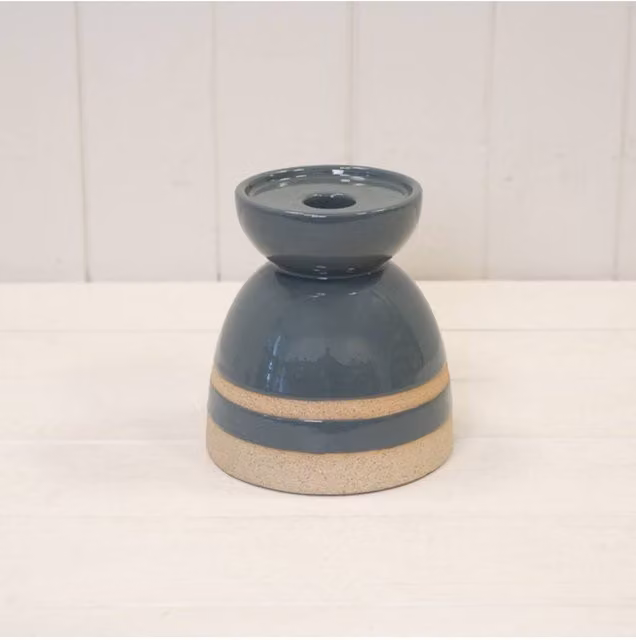 KDMD Blue Ceramic Glazed Tabletop Candle Holder with Unglazed Detail