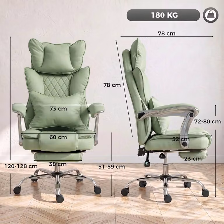 HOMCOM Executive Big and Tall Office Chair in Light Green with Synthetic Leather, Headrest and Foot Ring