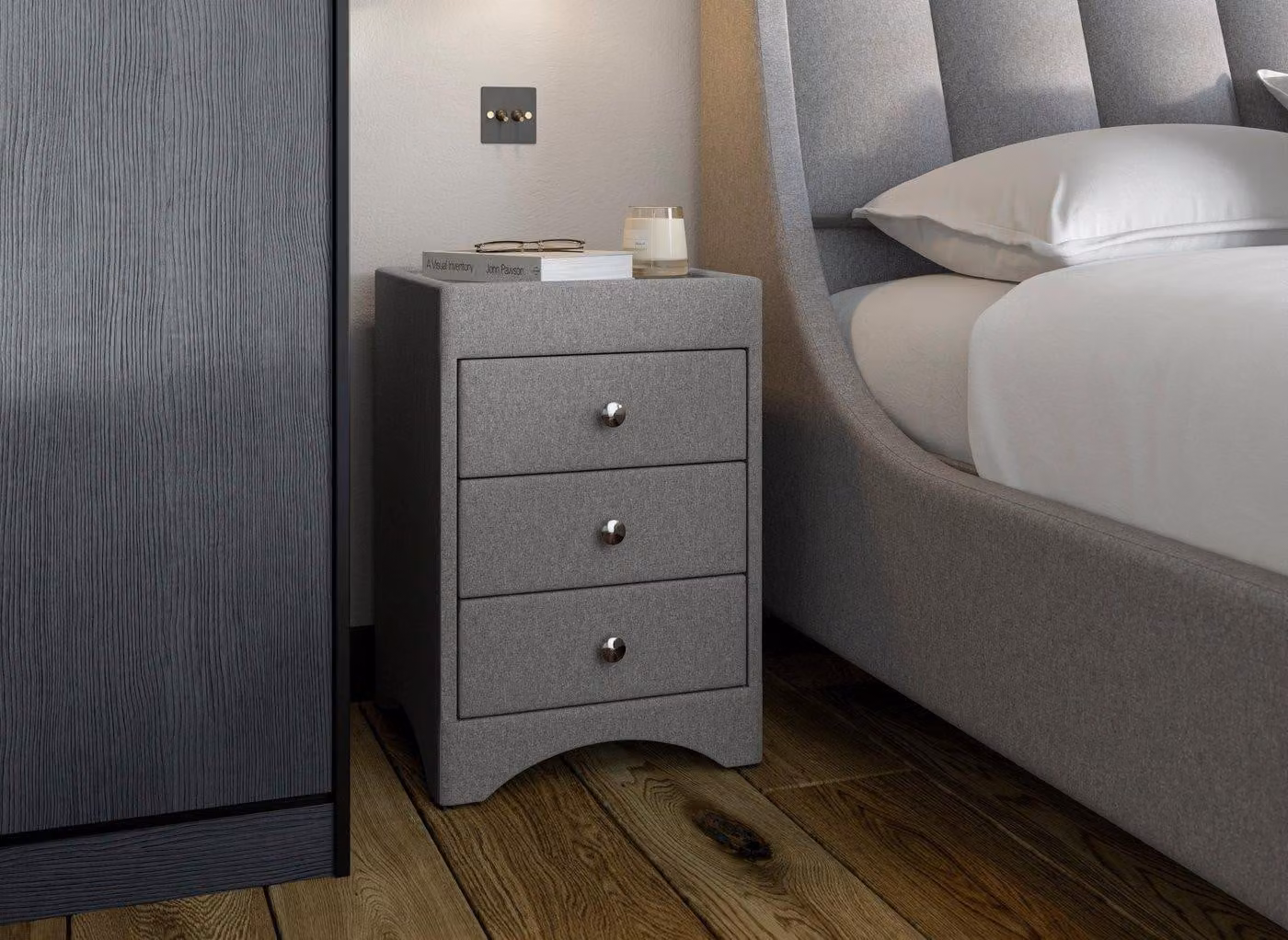 Dreams Camden Enzo Upholstered Bedside Table in Grey and Silver with Glass Details