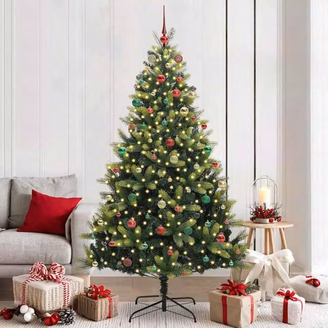 Berkfield Home Artificial Hinged Christmas Tree with 300 LEDs, Green, Height: 210 cm