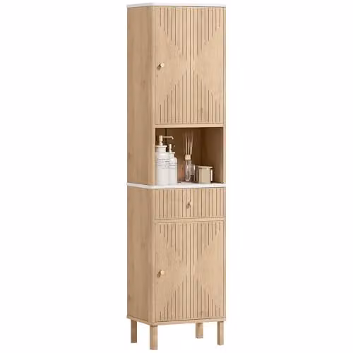 HOMCOM Tall Bathroom Cabinet with Silent-Glide Drawer and Adjustable Shelves, Brown Oak Wood Effect, H 168 x W 41.5 x D 30 cm