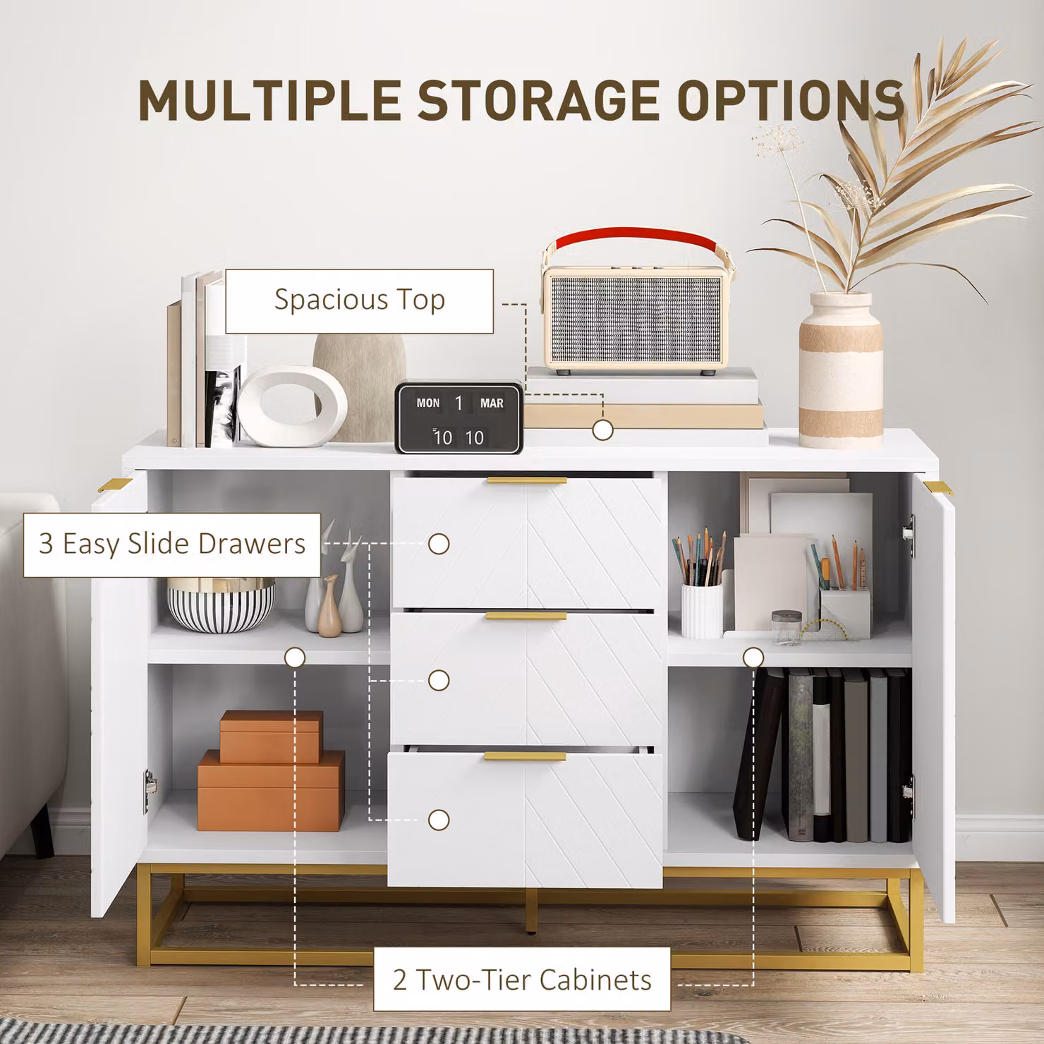 HOMCOM Modern White Freestanding Storage Cabinet with 3 Drawers and Gold Accents – 3
