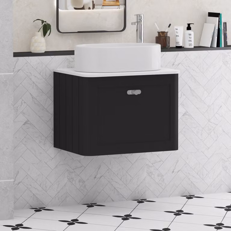 Royal Bathrooms Henley 600mm Matt Nocturne Black Wall Hung Vanity Unit with 1 Drawer, Plain White Worktop, Peak Basin and Chrome Knob