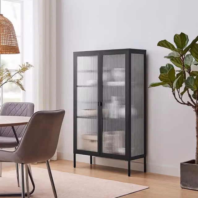 FurnitureboxUK Jia Black Metal and Glass Industrial Display Cabinet with Glass Doors