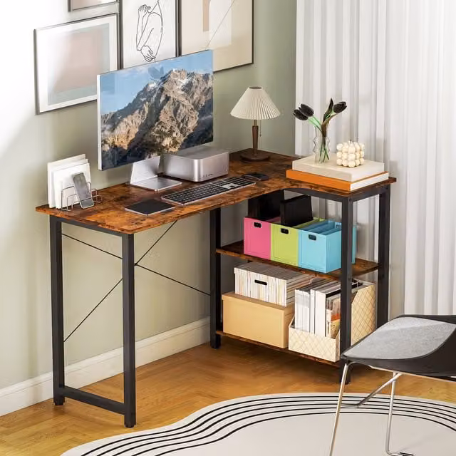 HOMCOM L Shaped Corner Computer Desk with 2 Shelves in Rustic Brown