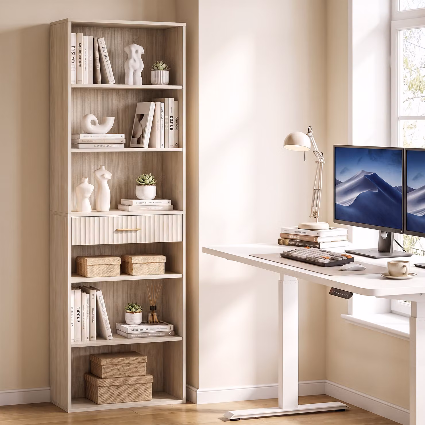 HOMCOM Narrow Tall Space-Saving Bookshelf with Drawer and Open Shelves, Oak Wood Effect, W: 60 cm, D: 24 cm, H: 182 cm – 2