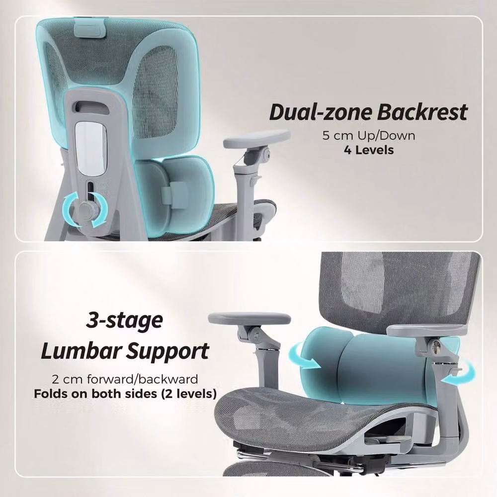 PAWNORA Ergonomic Grey Fabric Office Chair with Headrest and Seat Depth Adjustment – 4