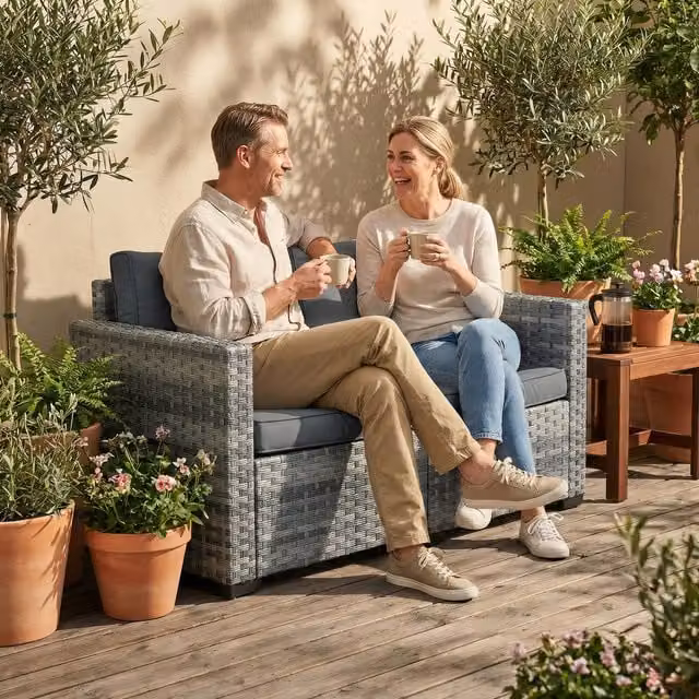 Outsunny Rattan Garden Sofa with Wide Armrests and Cushions in Mixed Grey