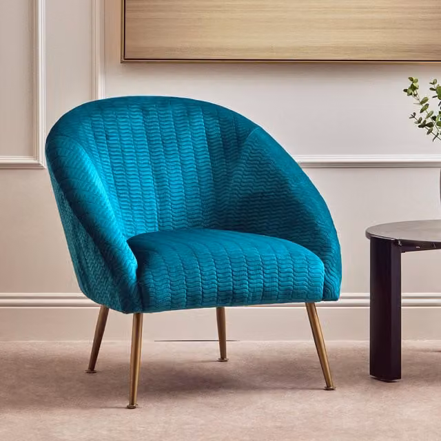 Orsina Luxury Blue Velvet Tub Occasional Chair with Gold Accents