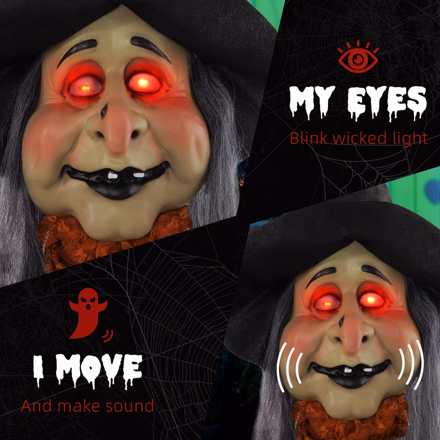 HOMCOM 183 cm Animated Life Size Fat-Faced Witch Halloween Decoration with Red Light Up Eyes and Sound Activated Moving Arms and Head, Multicolour – 4