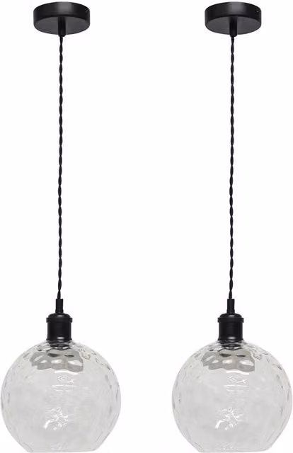 First Choice Lighting Barnum Set of 2 Retro Black Pendant Lights with Transparent Dimple Glass Globes