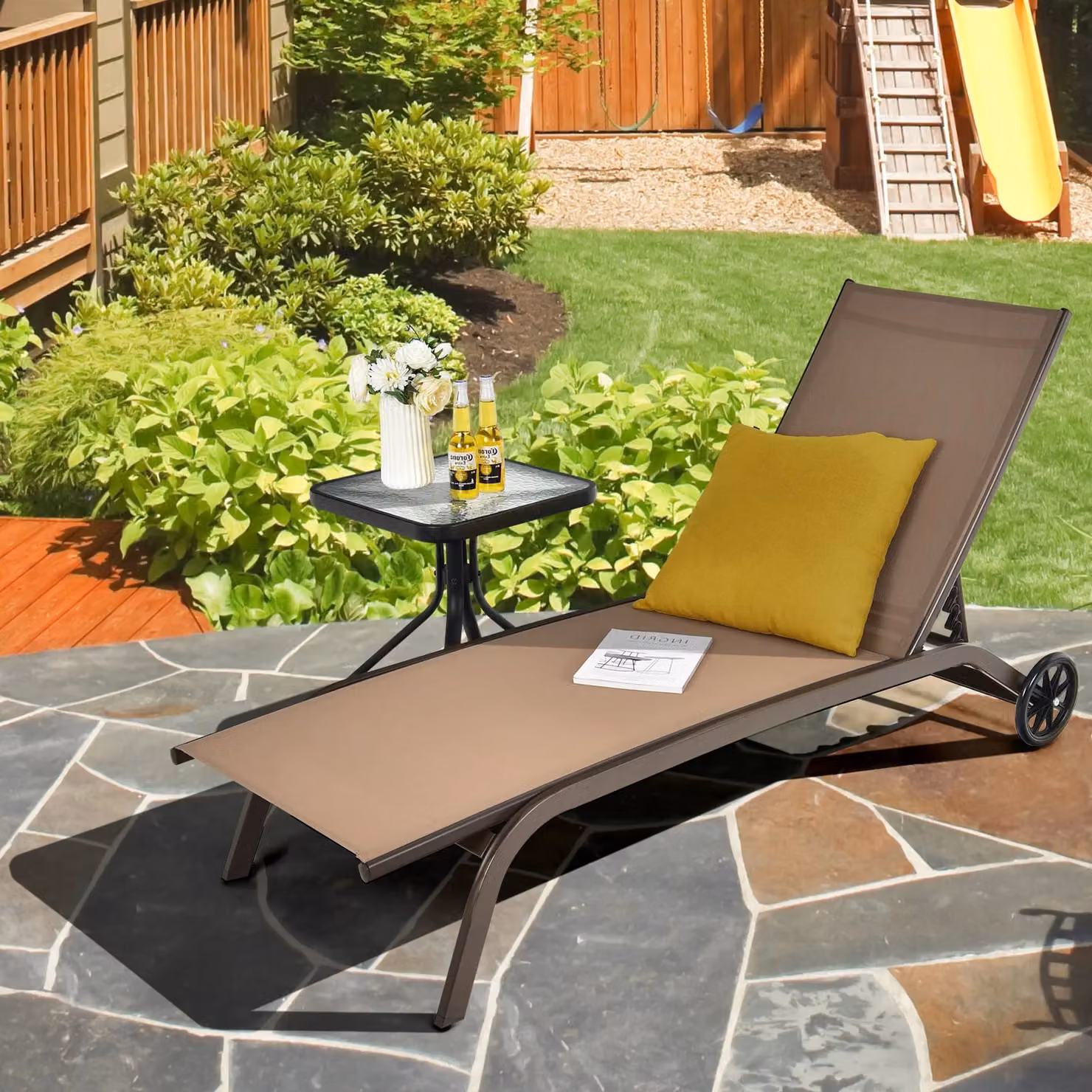 Gymax Adjustable Recliner Patio Chaise Lounge Chair with Wheels in Beige – 6