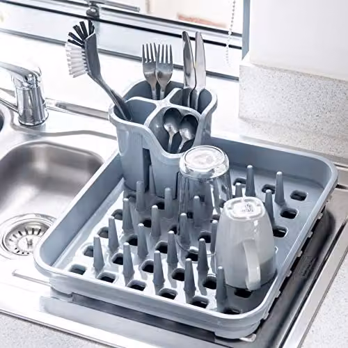 Addis Eco Draining Dish Plate Rack with Pegs and Cup Holder, Light Grey, W: 33.5 cm, D: 38 cm, H: 5 cm – 4