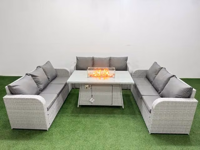 Fimous 9 Seater PE Rattan Lounge Sofa Set with Firepit Dining Table in Light Grey