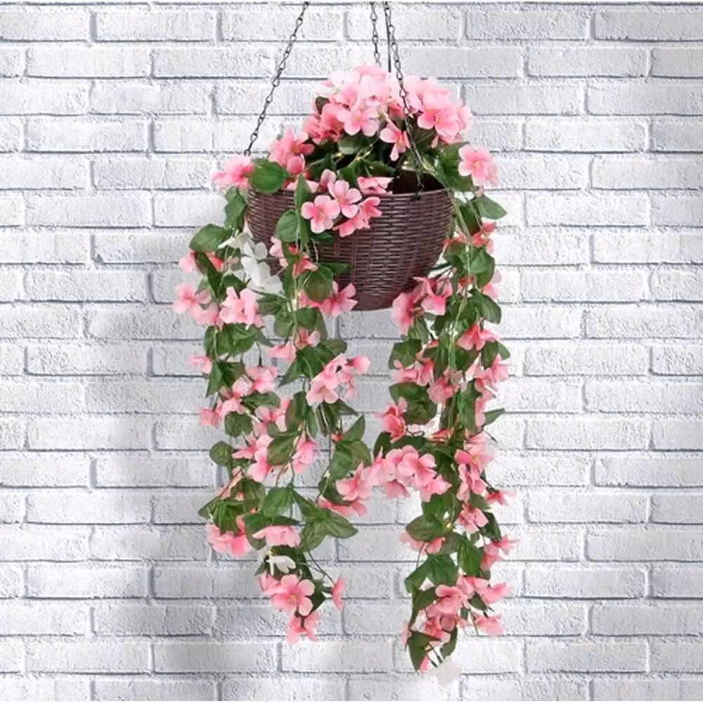NESTLUNE Solar Powered Artificial Floral Hanging Basket with Warm White LED Lights, Pink, W: 100 cm, D: 15 cm – 2