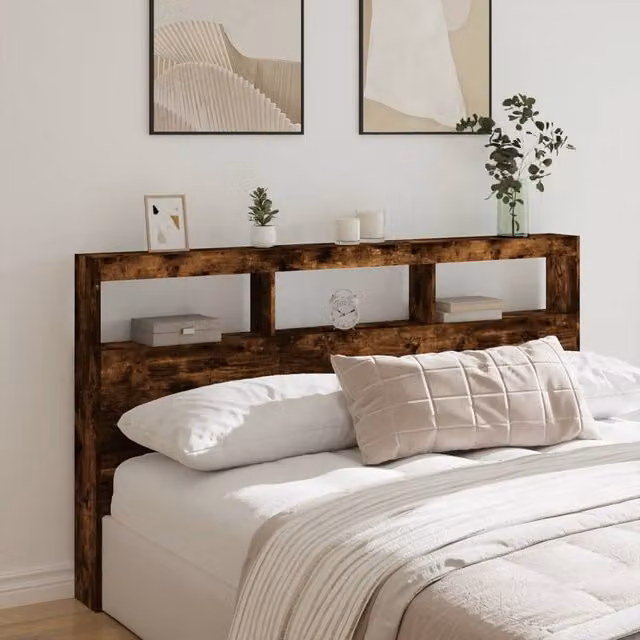 Berkfield Home Modern Smoked Oak Headboard Cabinet with LED Lighting and USB Charging Port, Brown, W/D/H: 180 x 17 x 102 cm – 1