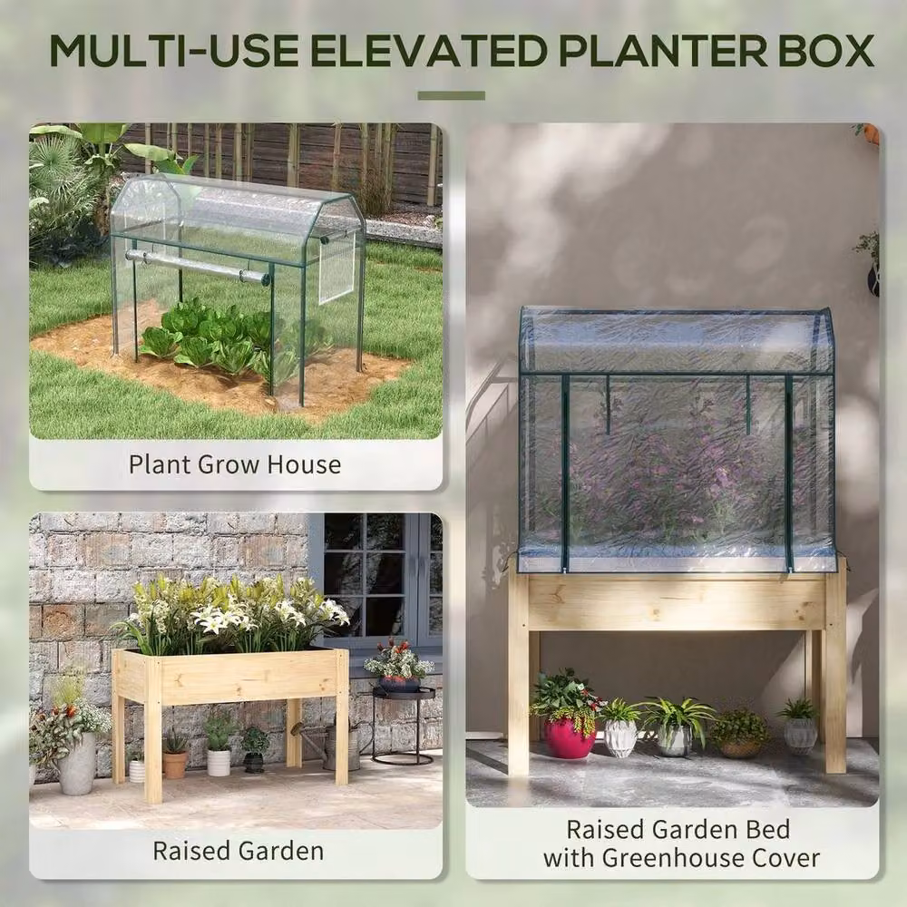 NESTLUNE Wooden Raised Planter with Greenhouse in Brown, W/D/H: 115 x 60 x 165 cm – 2