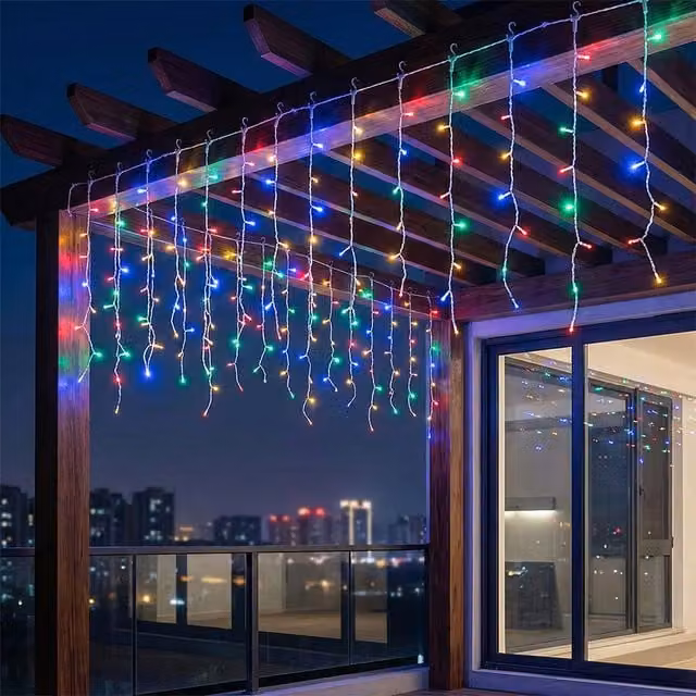 Living Star Solar Powered LED Icicle String Lights with Remote Control and Dusk Sensor in Black, Transparent and Multicolour
