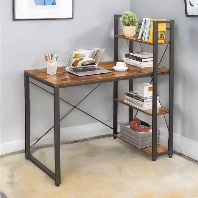 FURNOS Computer Desk with 3 Shelves in Rustic Brown – 1