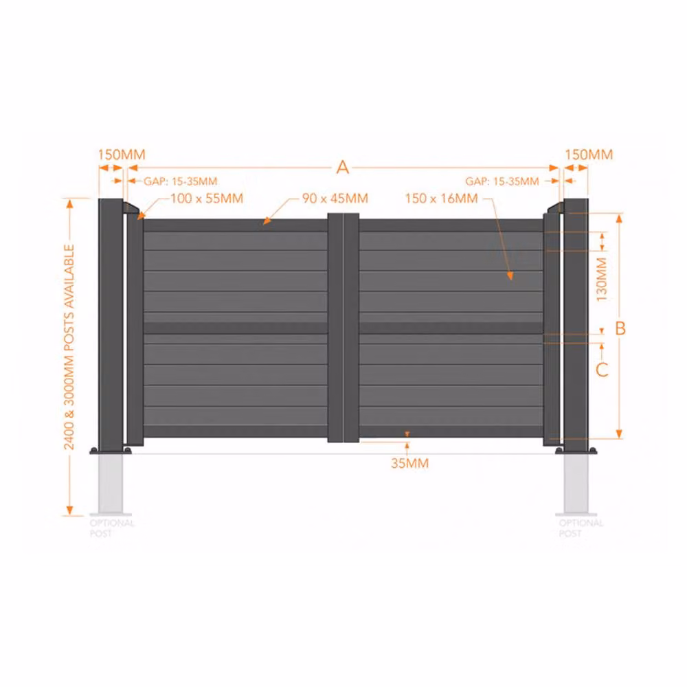 Ready Made Double Swing Gate with Horizontal Solid Infill and Flat Top, Black, W: 350 cm, H: 160 cm – 2